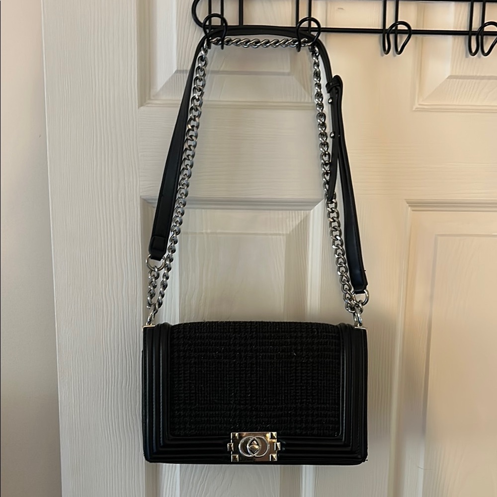 Black Crossbody Bag with Chain Strap and Textured Material
